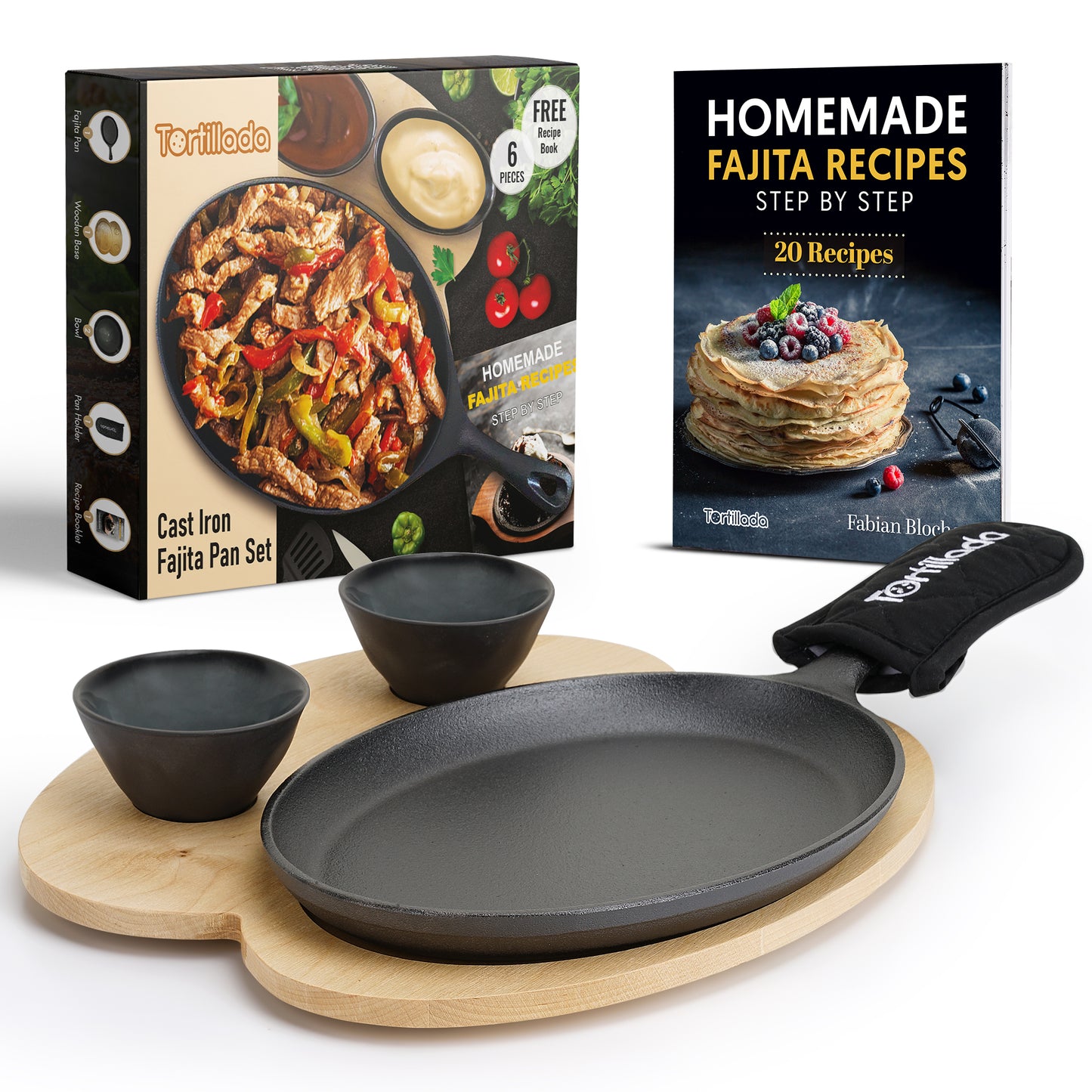 25 cm Fajita Pfannen Set aus Gusseise inkl. Serviertablett aus Holz + 2 Keramik Dipschalen