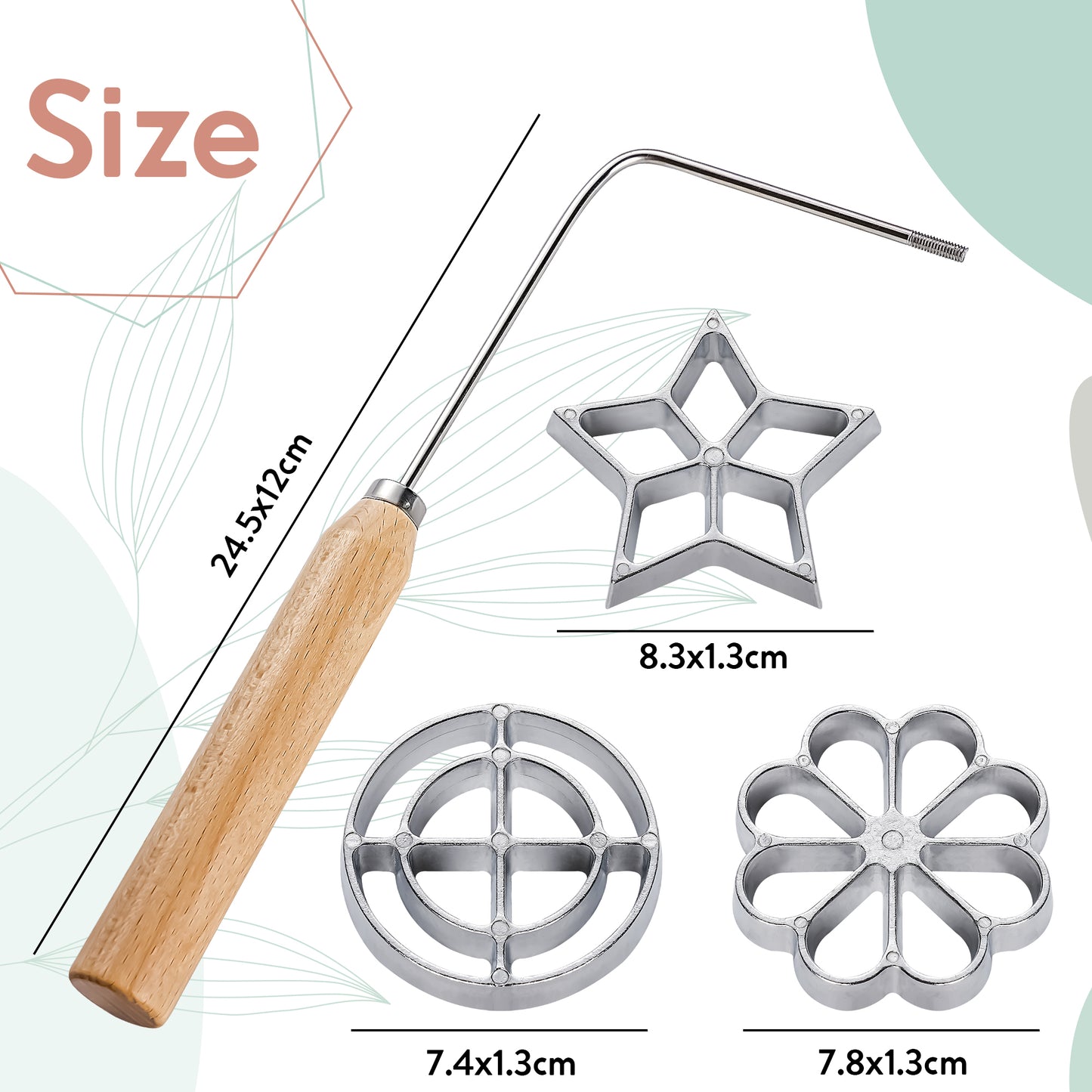 4 teiliges Bunuelos Set mit Holzgriff Rosetteneisen Waffelförmchen Set mit 3 Formen (Stern, Blume, Kreis)