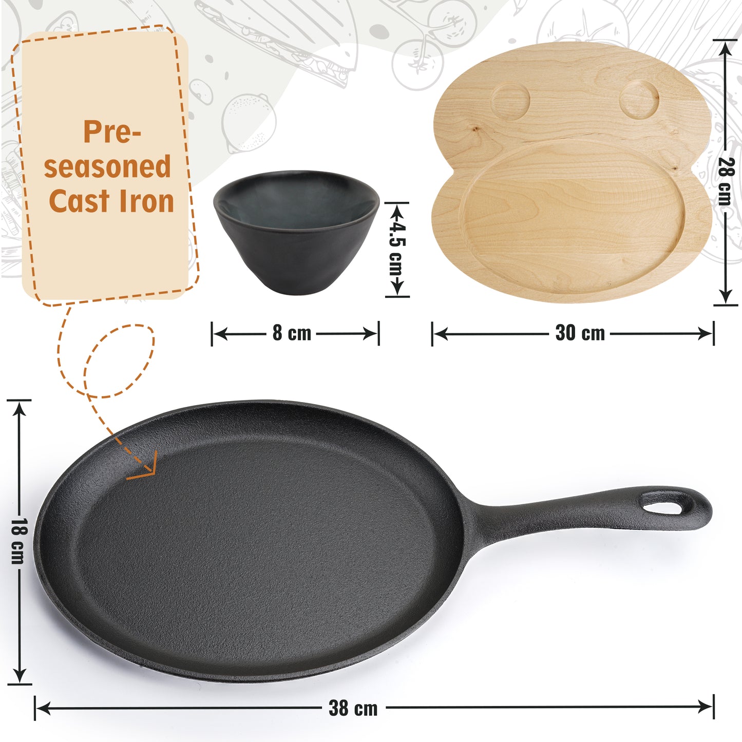 25 cm Fajita Pfannen Set aus Gusseise inkl. Serviertablett aus Holz + 2 Keramik Dipschalen
