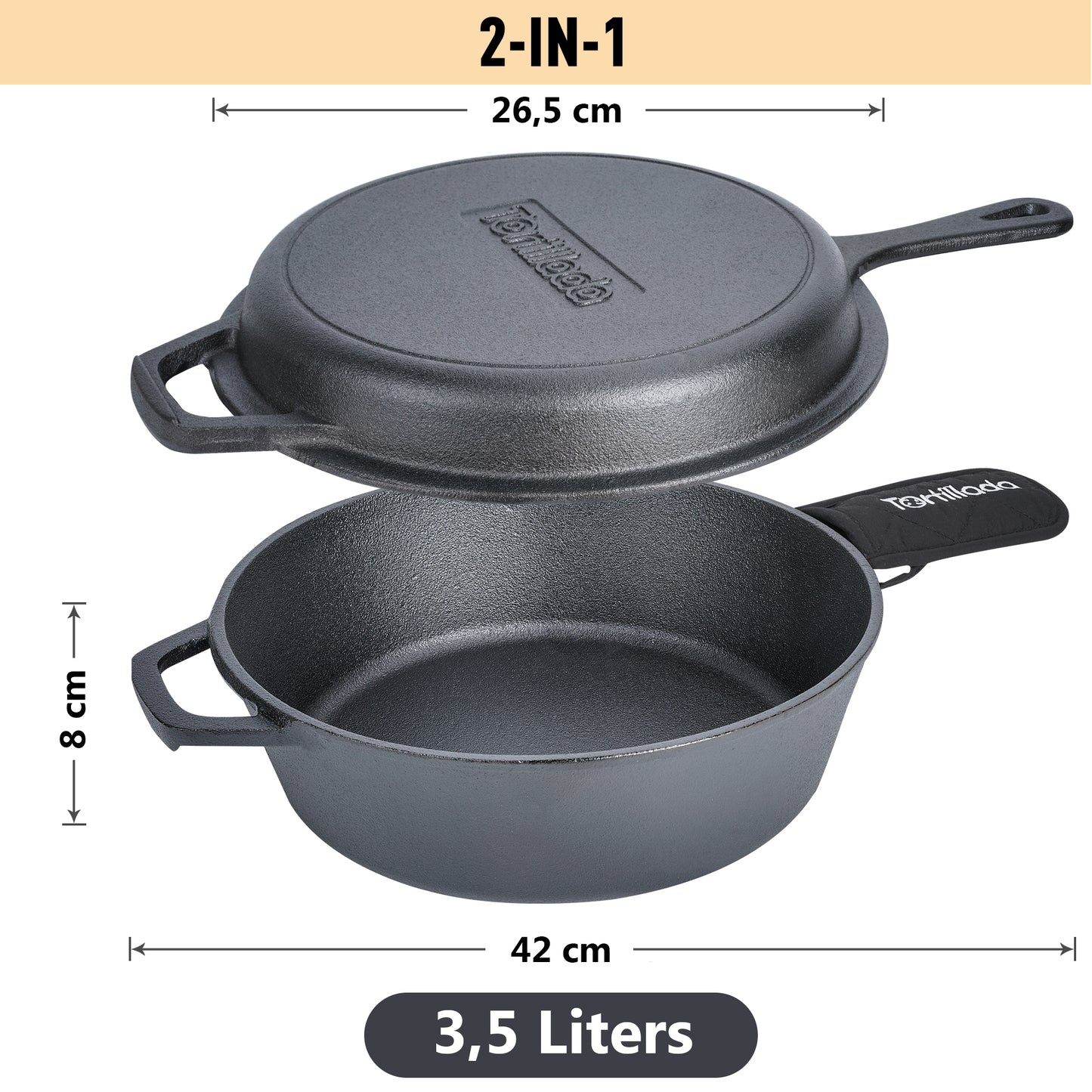 Dutch Oven + Gusseisen Pfanne inkl. Griffüberzug + E-Book mit 50 Rezepten
