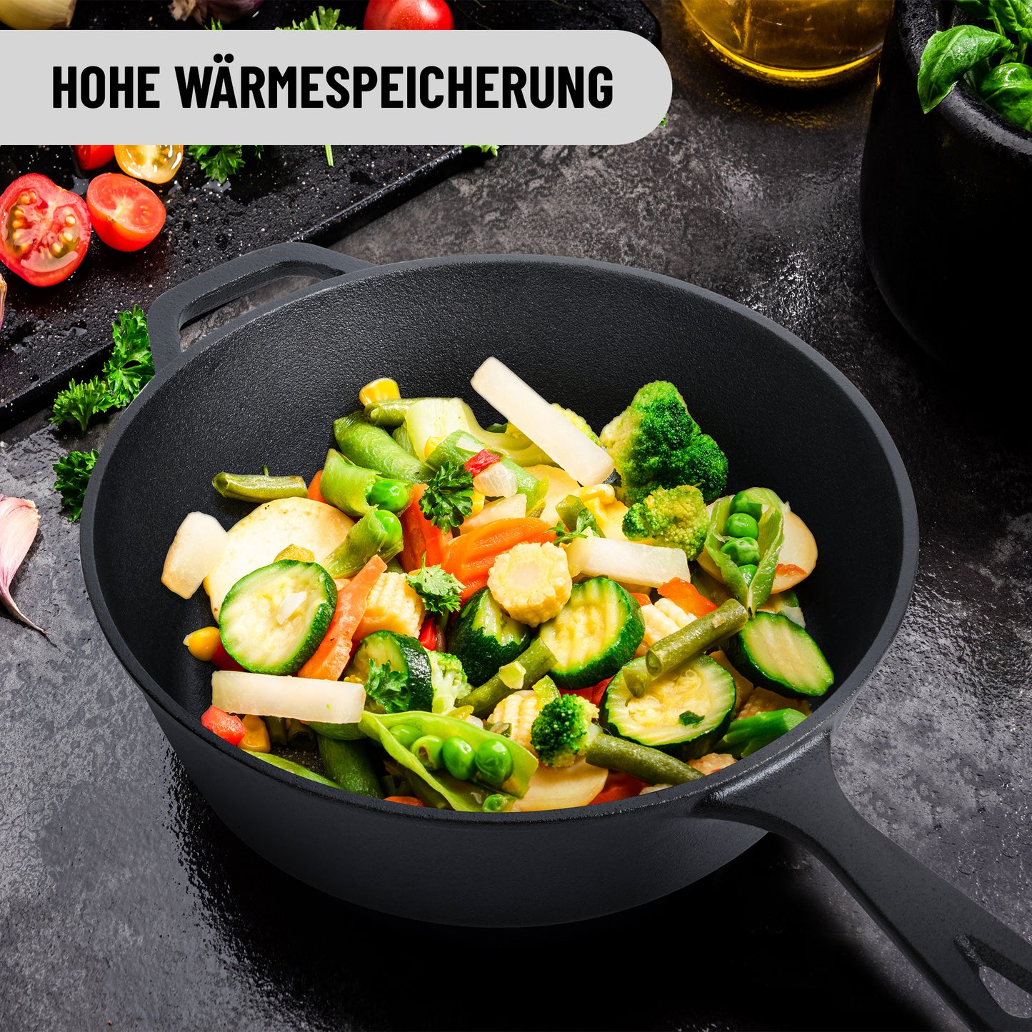 Dutch Oven + Gusseisen Pfanne inkl. Griffüberzug + E-Book mit 50 Rezepten