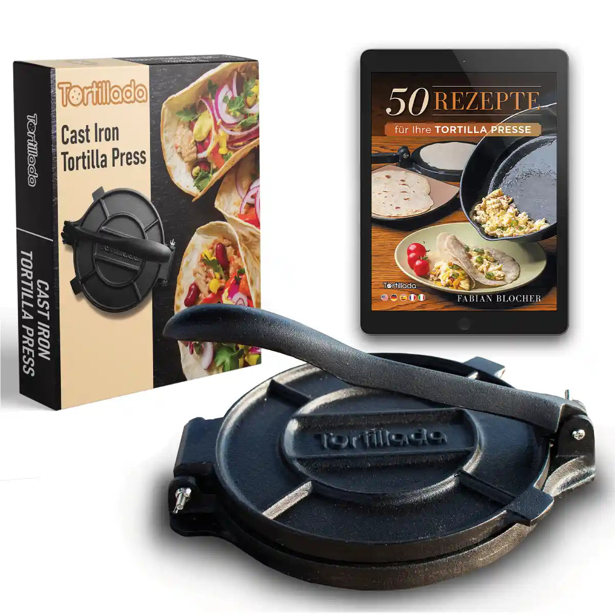 Produktbild von Tortilla-Presse & Taco-Verschluss – Mit Füllöffel, Gelb/schwarz, Sägezahn-Design, Für Wraps & Gefüllte Teigtaschen