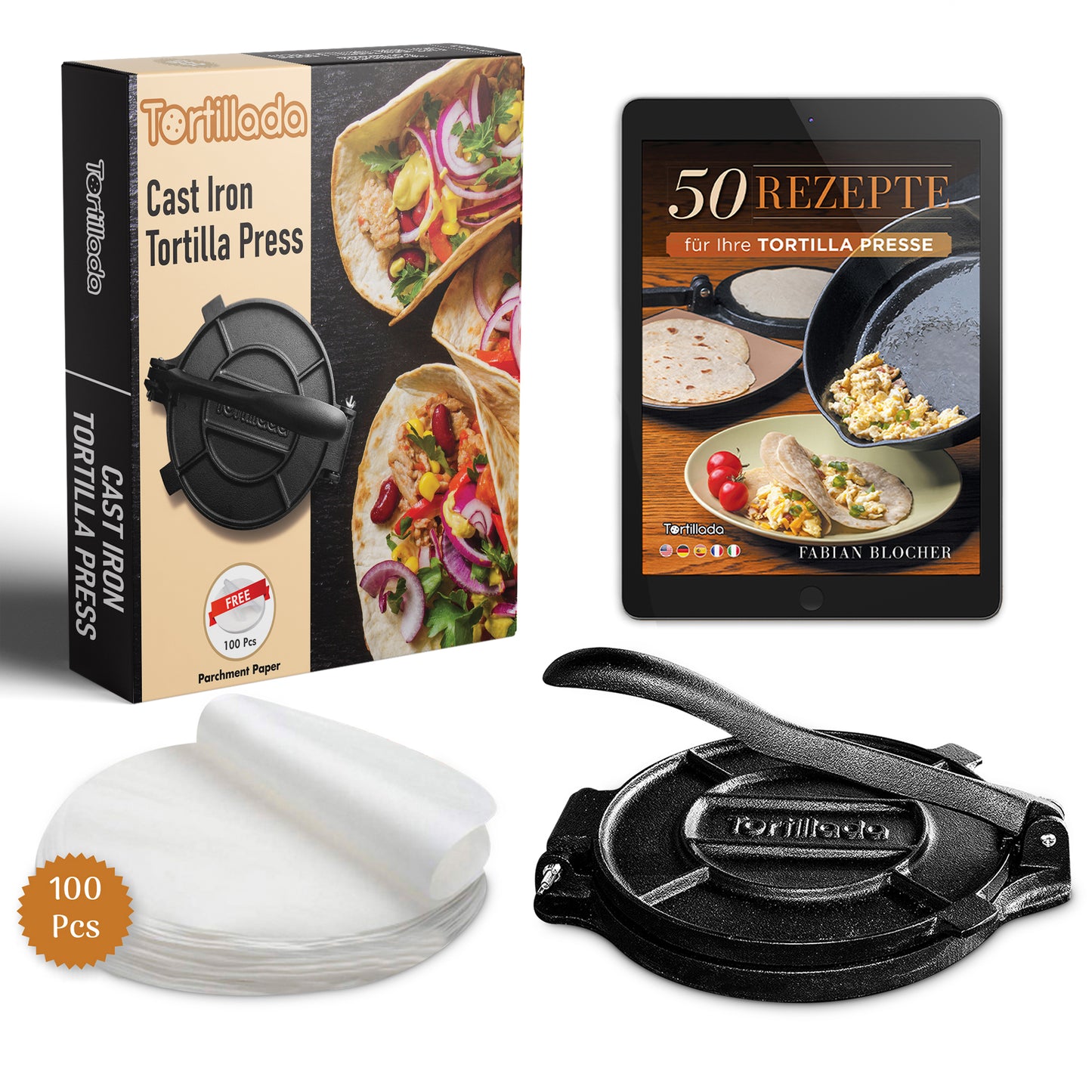 Tortillapresse aus Gusseisen + Pergament Papier 100 Stk. inkl. Rezeptbuch