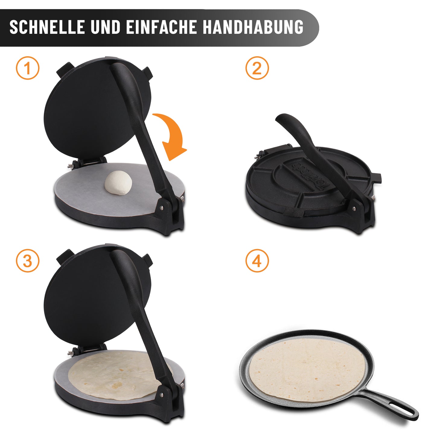 Tortilla Presse/Quesadilla/Roti Maker aus Gusseisen mit Rezepten