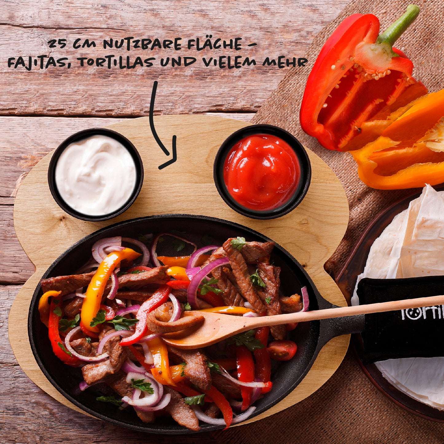 25 cm Fajita Pfannen Set aus Gusseise inkl. Serviertablett aus Holz + 2 Keramik Dipschalen