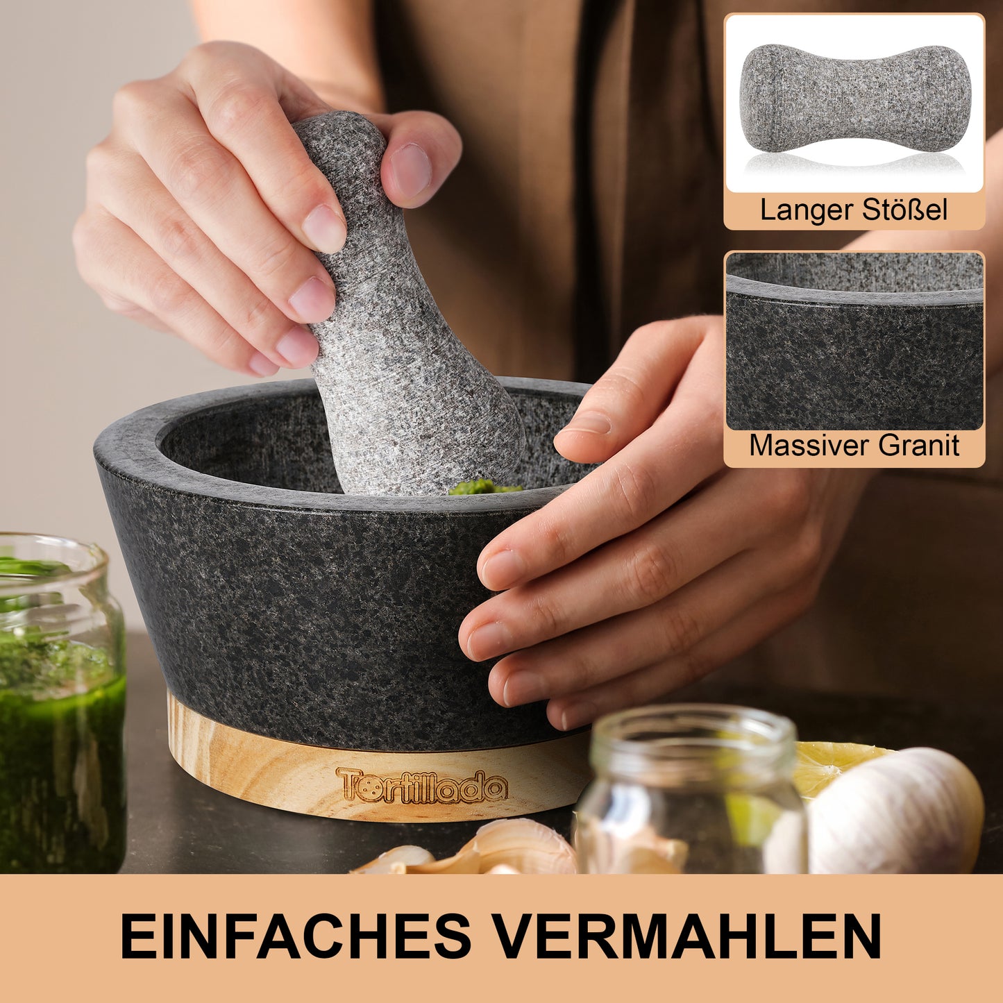 Mörser mit Stößel Set aus Holz