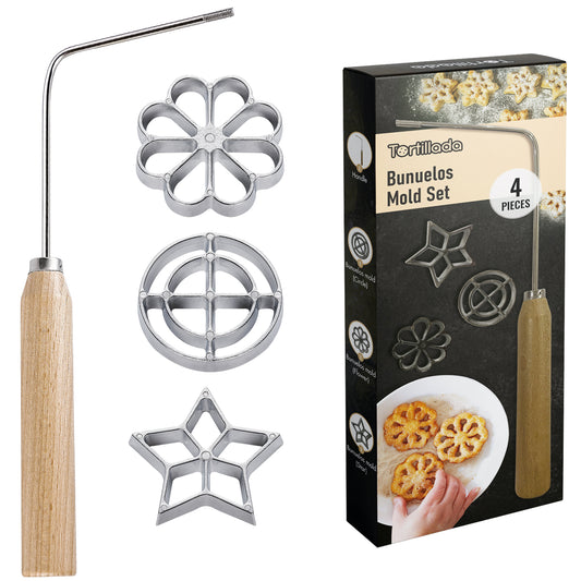 4 teiliges Bunuelos Set mit Holzgriff Rosetteneisen Waffelförmchen Set mit 3 Formen (Stern, Blume, Kreis)