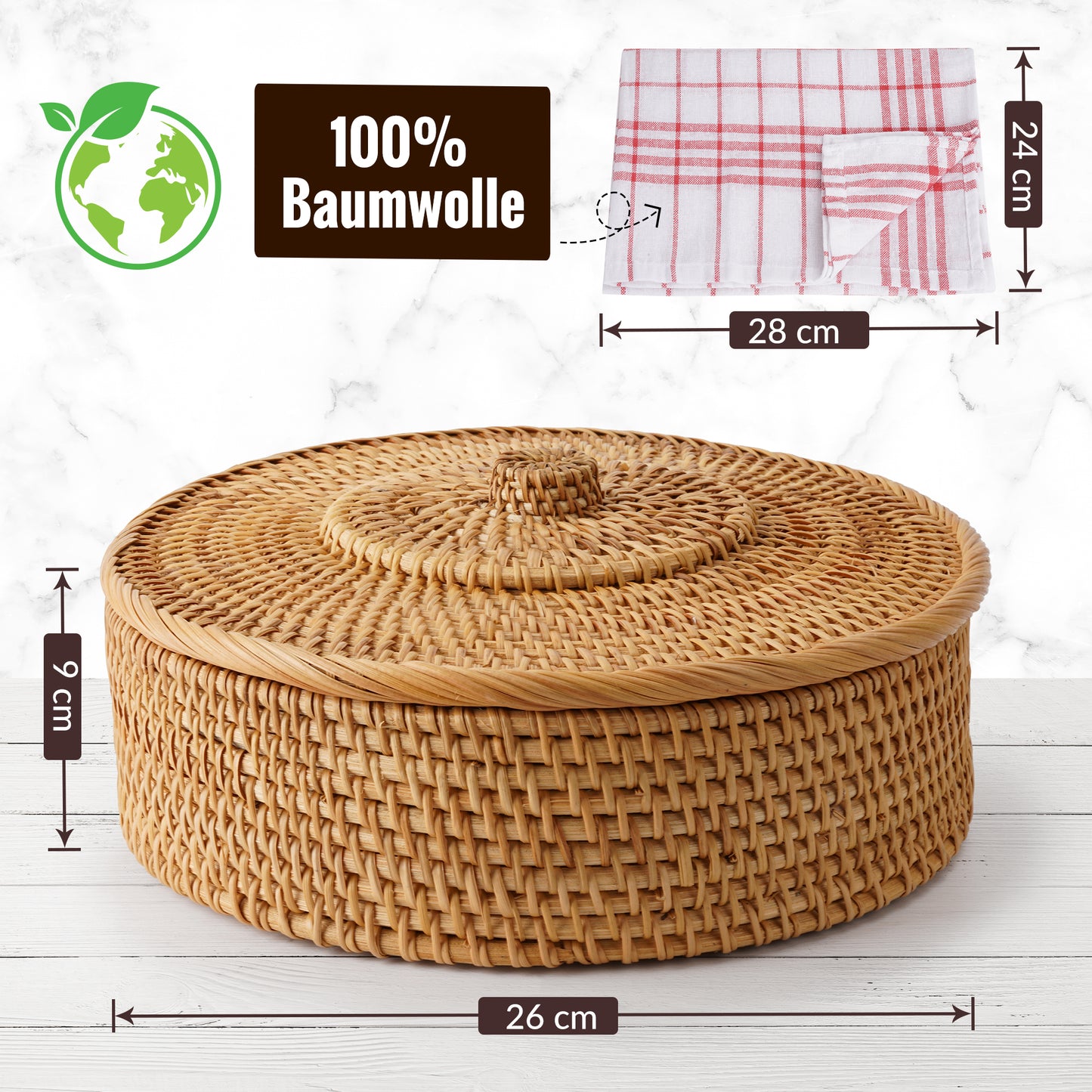 Tortilla Wärmer/Tortilla Korb 26 cm inkl. Geschirrtuch aus Baumwolle