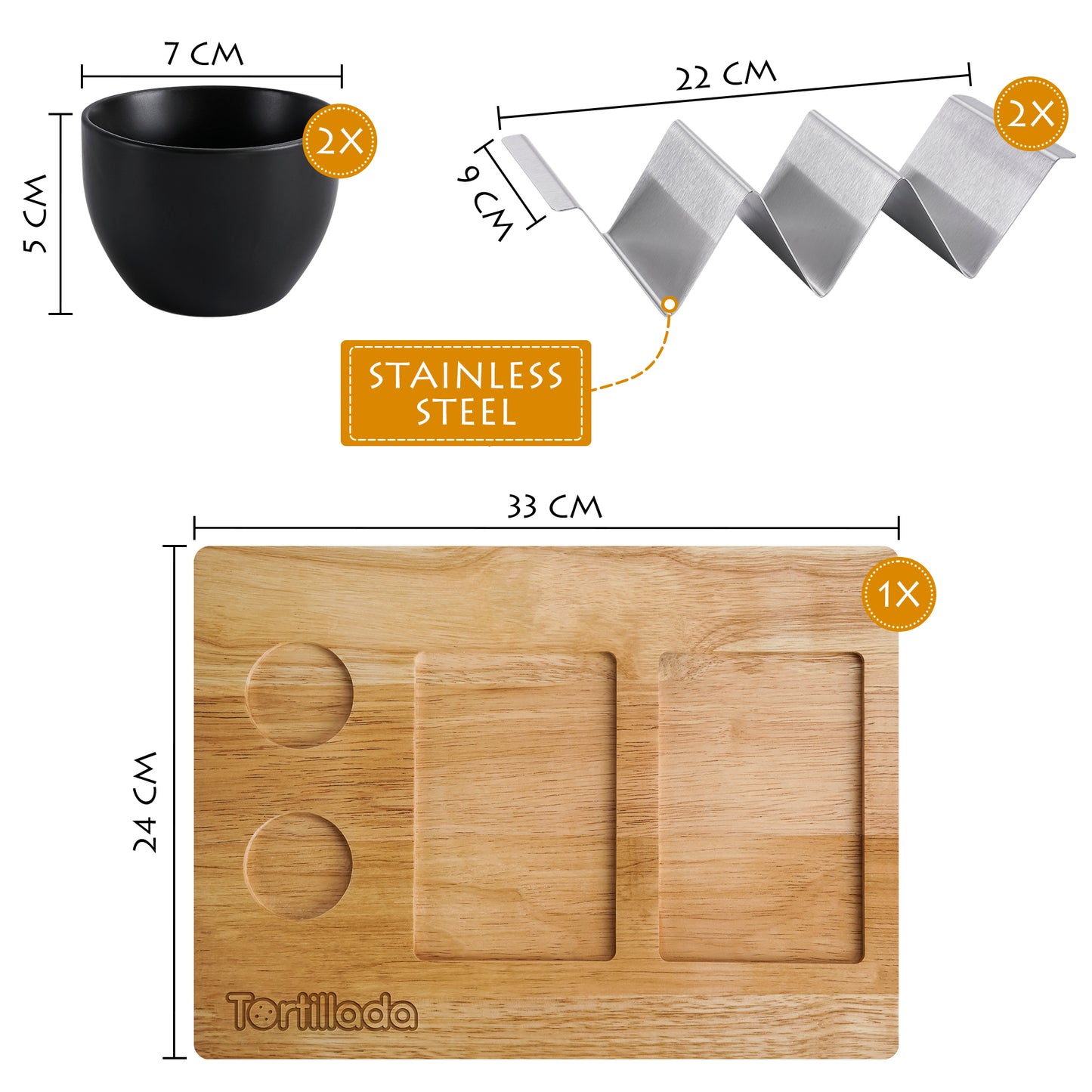 Taco Halter Set/Hotdog Halterung im Set aus Edelstahl (inkl. Servierbrett aus Holz & Dipschalen)
