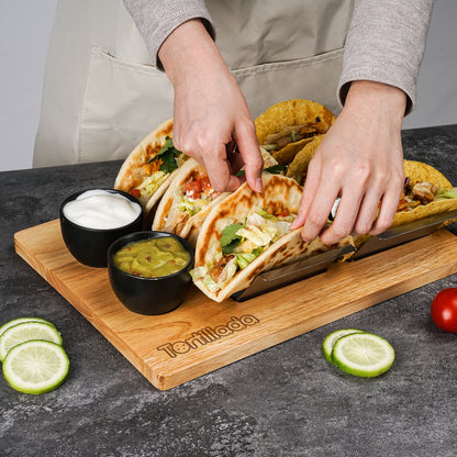 Taco Halter Set/Hotdog Halterung im Set aus Edelstahl (inkl. Servierbrett aus Holz & Dipschalen)