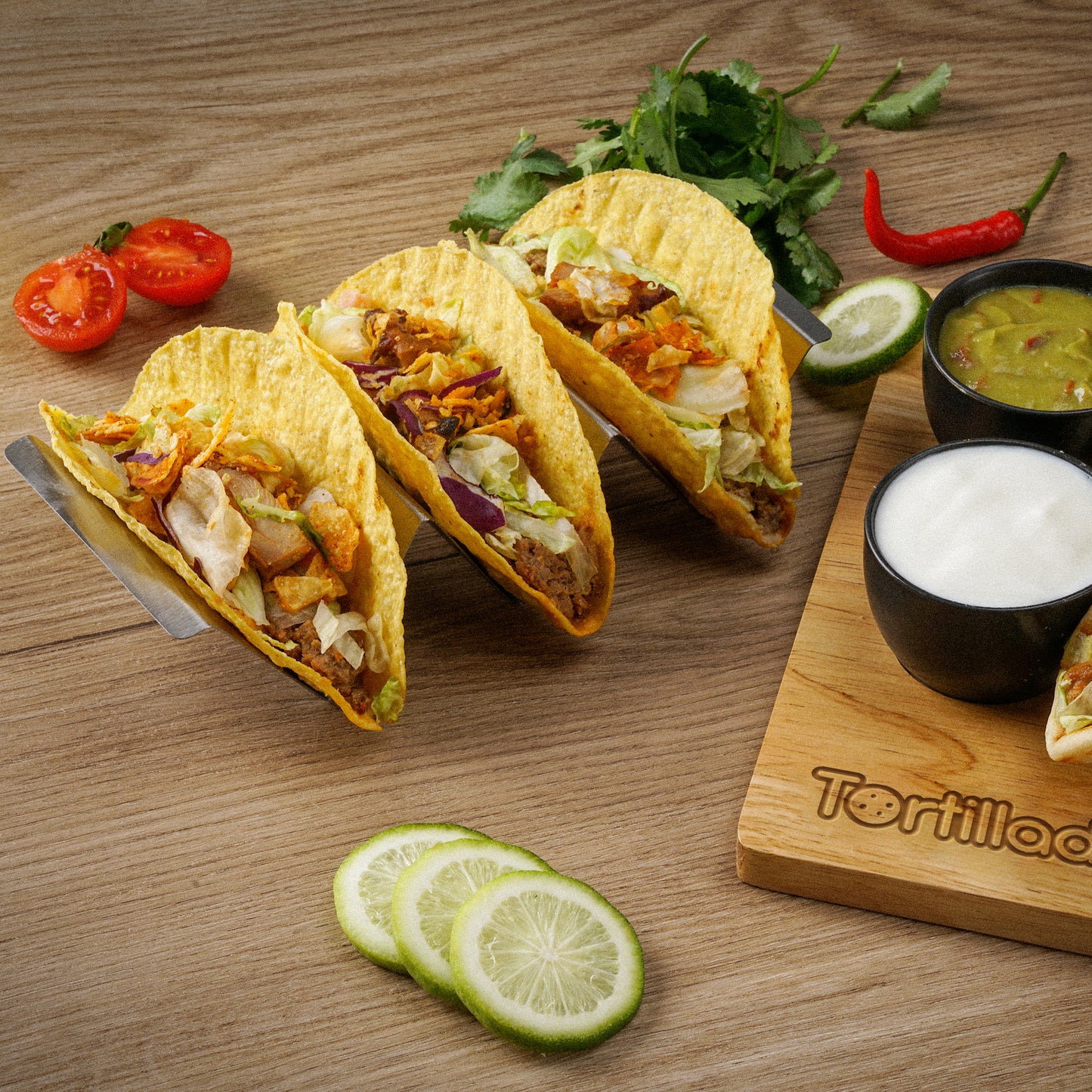 Taco Halter Set/Hotdog Halterung im Set aus Edelstahl (inkl. Servierbrett aus Holz & Dipschalen)