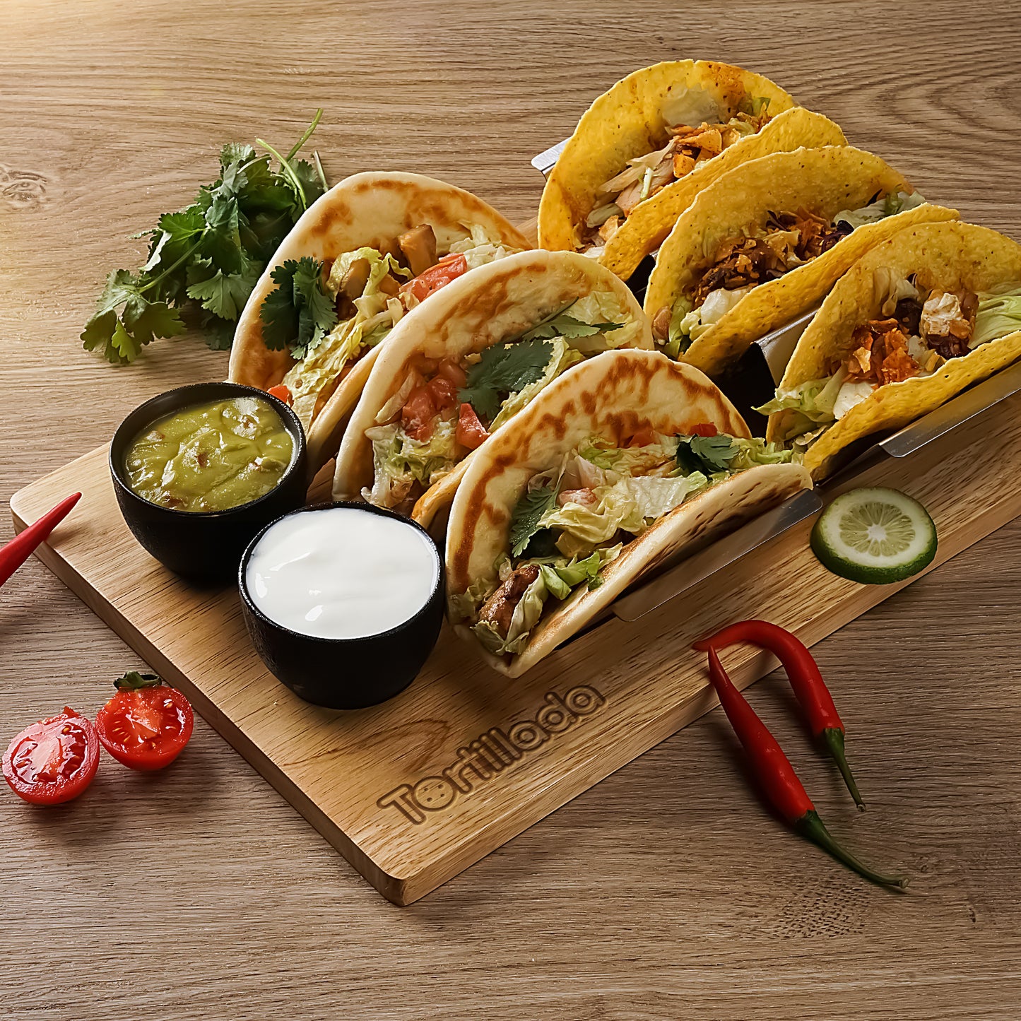 Taco Halter Set/Hotdog Halterung im Set aus Edelstahl (inkl. Servierbrett aus Holz & Dipschalen)