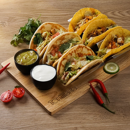 Taco Halter Set/Hotdog Halterung im Set aus Edelstahl (inkl. Servierbrett aus Holz & Dipschalen)