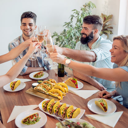 Taco Halter Set/Hotdog Halterung im Set aus Edelstahl (inkl. Servierbrett aus Holz & Dipschalen)