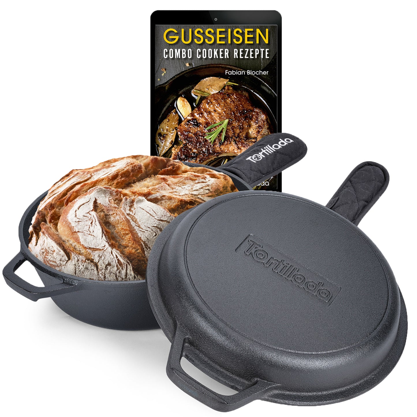 Dutch Oven + Gusseisen Pfanne inkl. Griffüberzug + E-Book mit 50 Rezepten