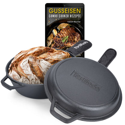 Dutch Oven + Gusseisen Pfanne inkl. Griffüberzug + E-Book mit 50 Rezepten
