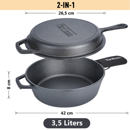 Dutch Oven + Gusseisen Pfanne inkl. Griffüberzug + E-Book mit 50 Rezepten