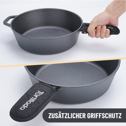 Dutch Oven + Gusseisen Pfanne inkl. Griffüberzug + E-Book mit 50 Rezepten