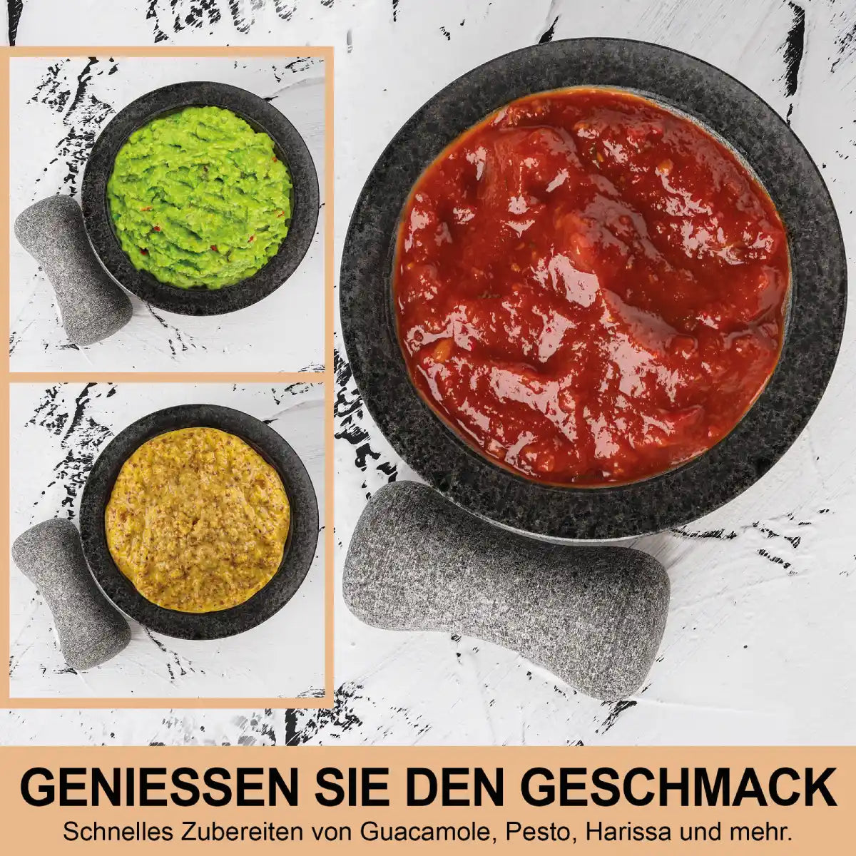 Mörser mit Stößel aus Granit – Molcajete Set mit Holzbasis