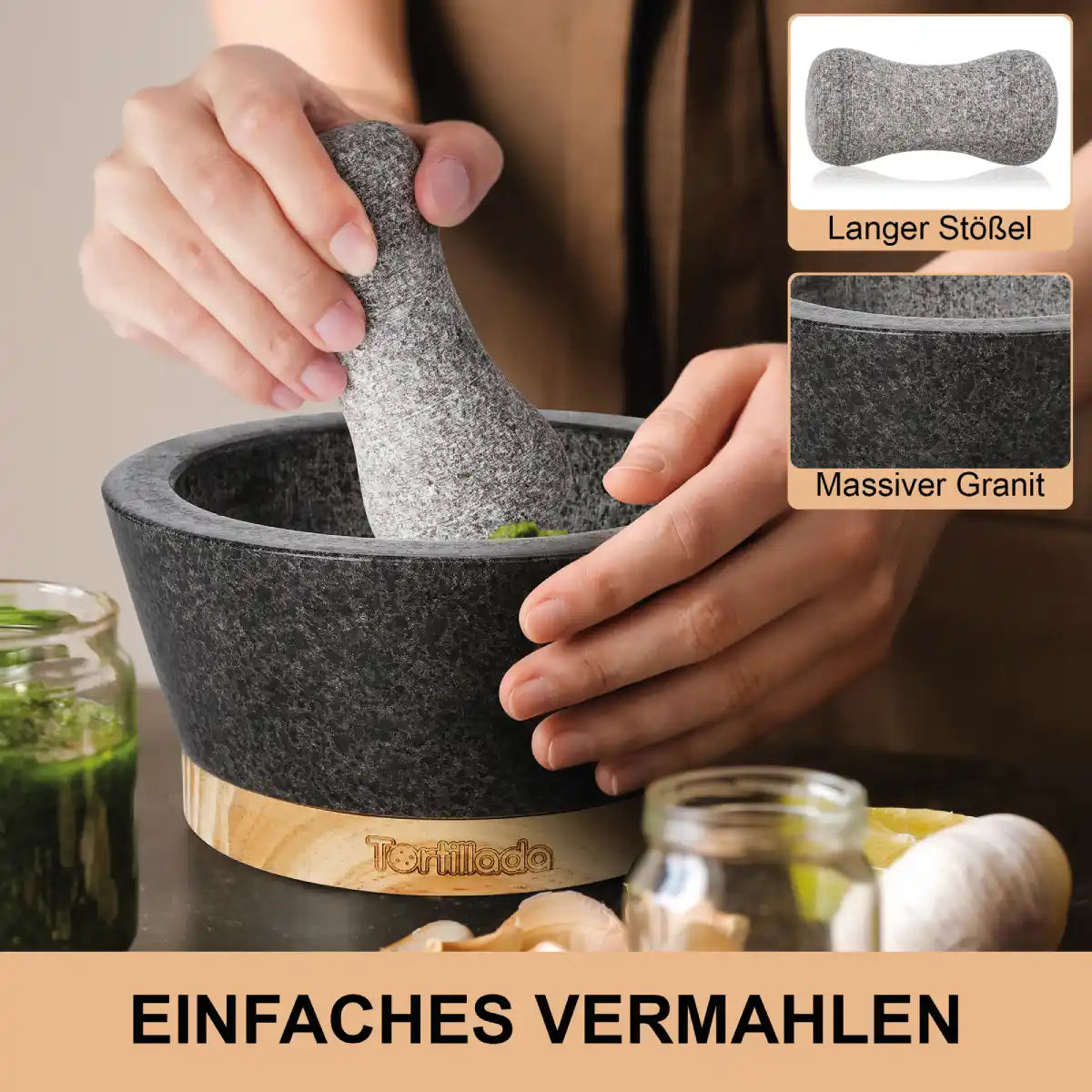 Mörser mit Stößel aus Granit – Molcajete Set mit Holzbasis