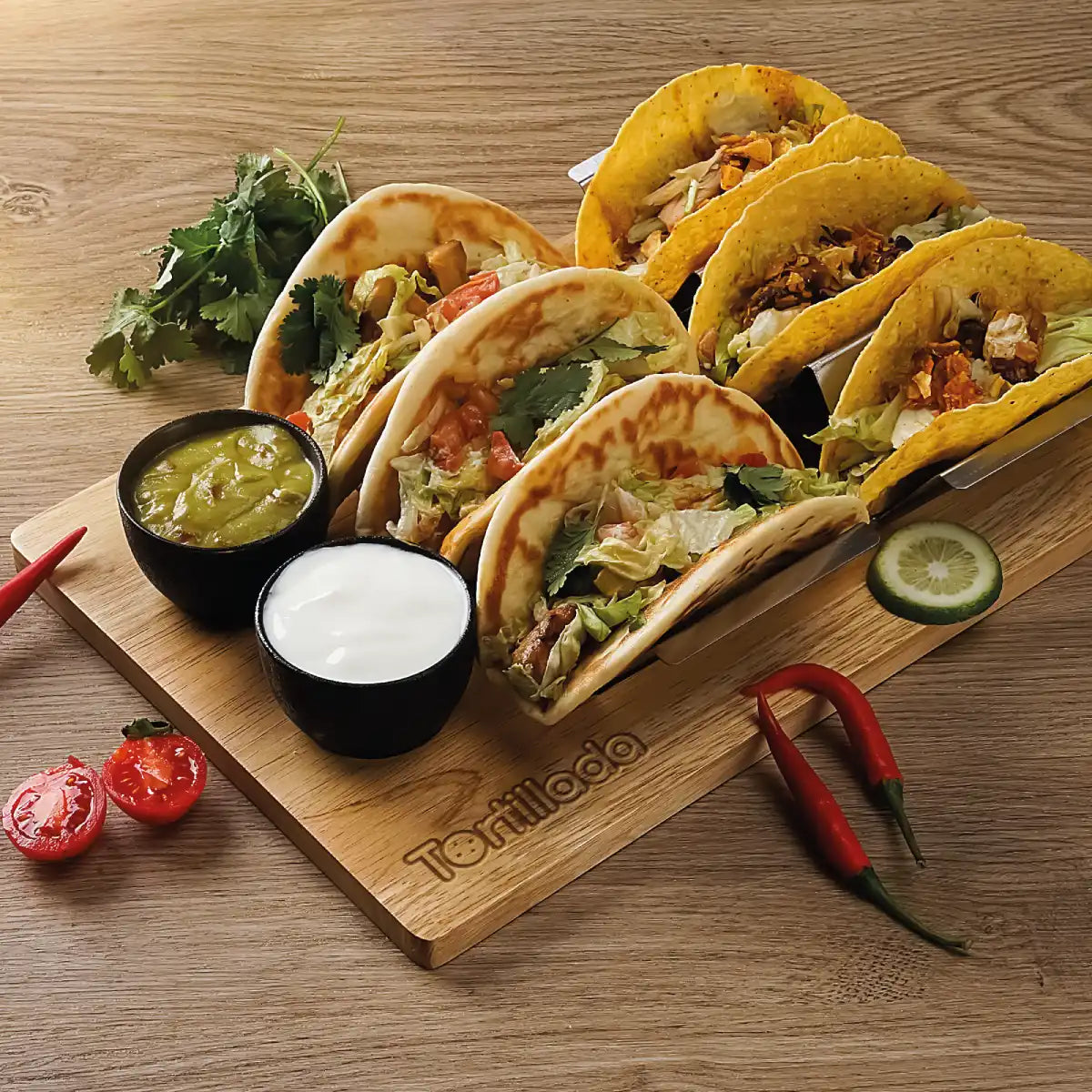 Taco Halter Set – mit Holzbrett & Dipschalen