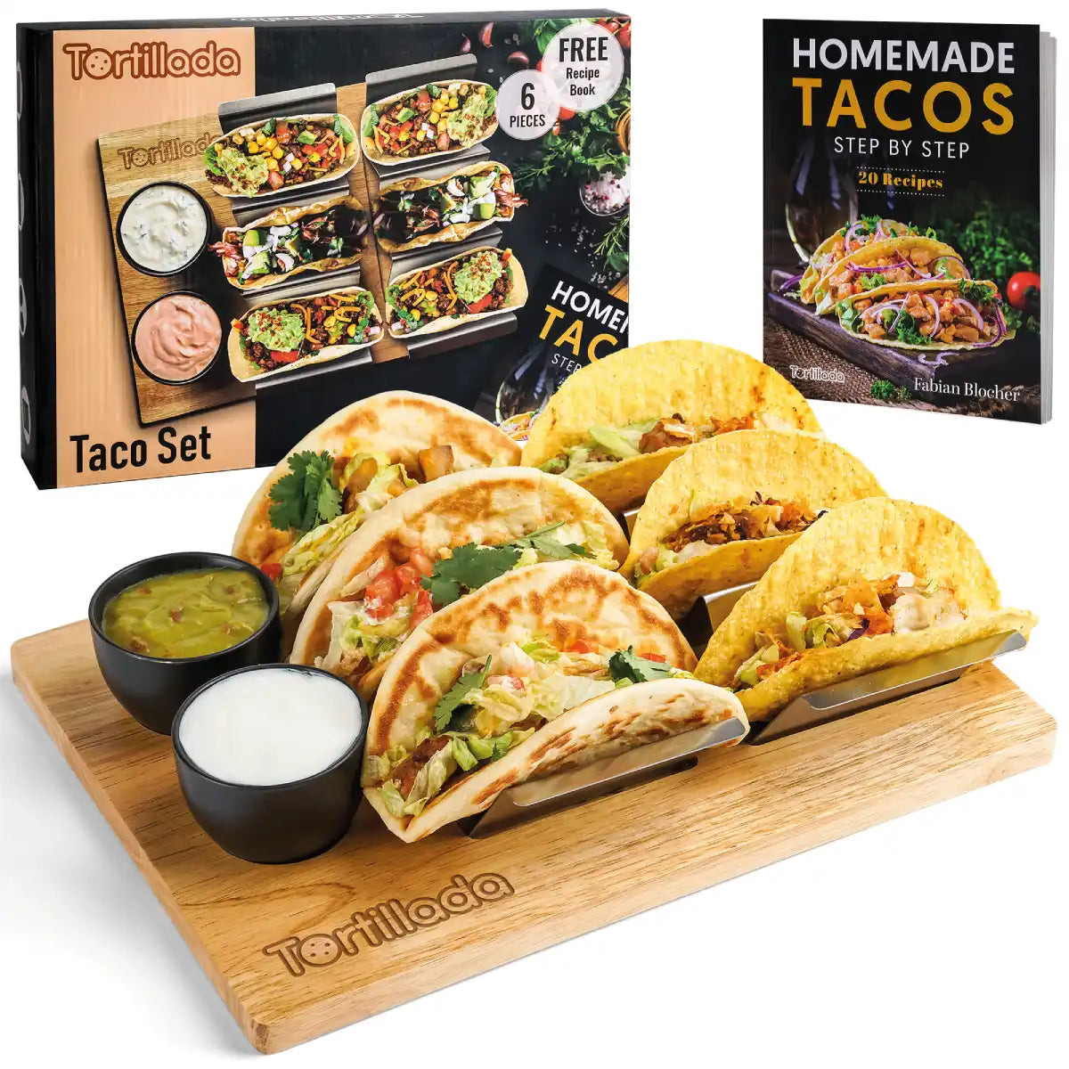 Taco Halter Set – mit Holzbrett & Dipschalen