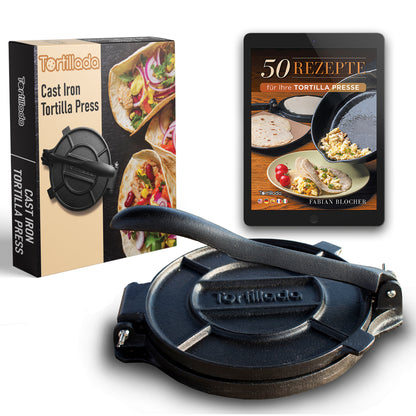 Tortilla Presse/Quesadilla/Roti Maker aus Gusseisen mit Rezepten