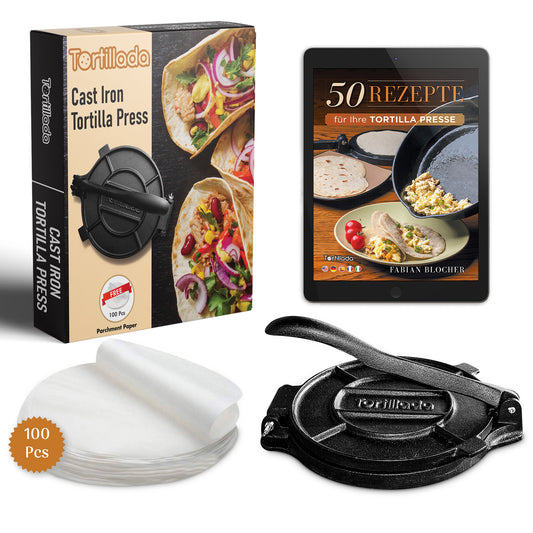 Tortillapresse aus Gusseisen + Pergament Papier 100 Stk. inkl. Rezeptbuch