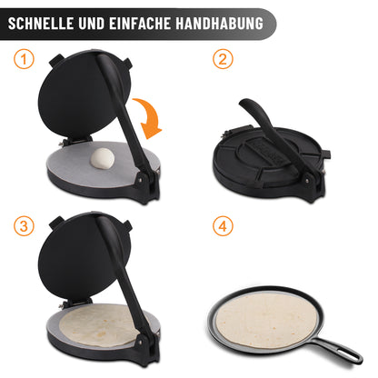 Tortilla Presse/Quesadilla/Roti Maker aus Gusseisen mit Rezepten